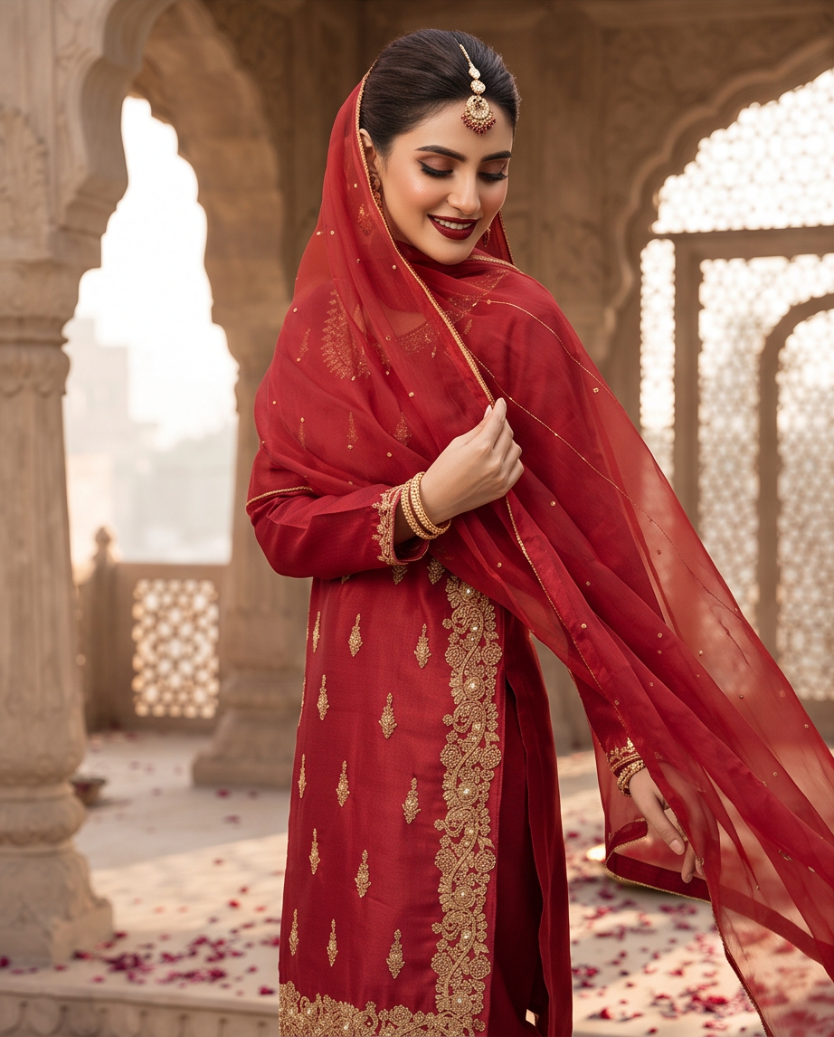 The Red Silk Fancy Dress with loose Plazzo