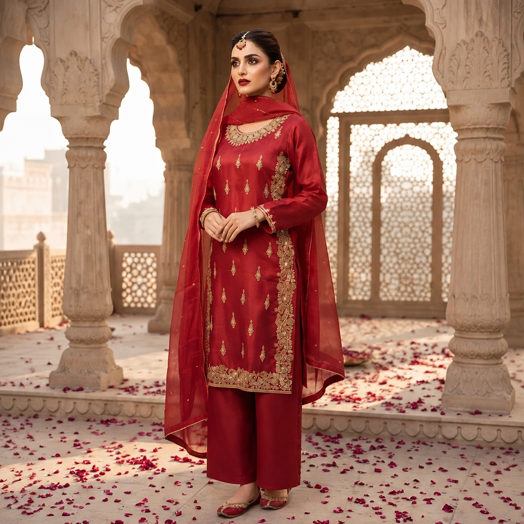 The Red Silk Fancy Dress with loose Plazzo