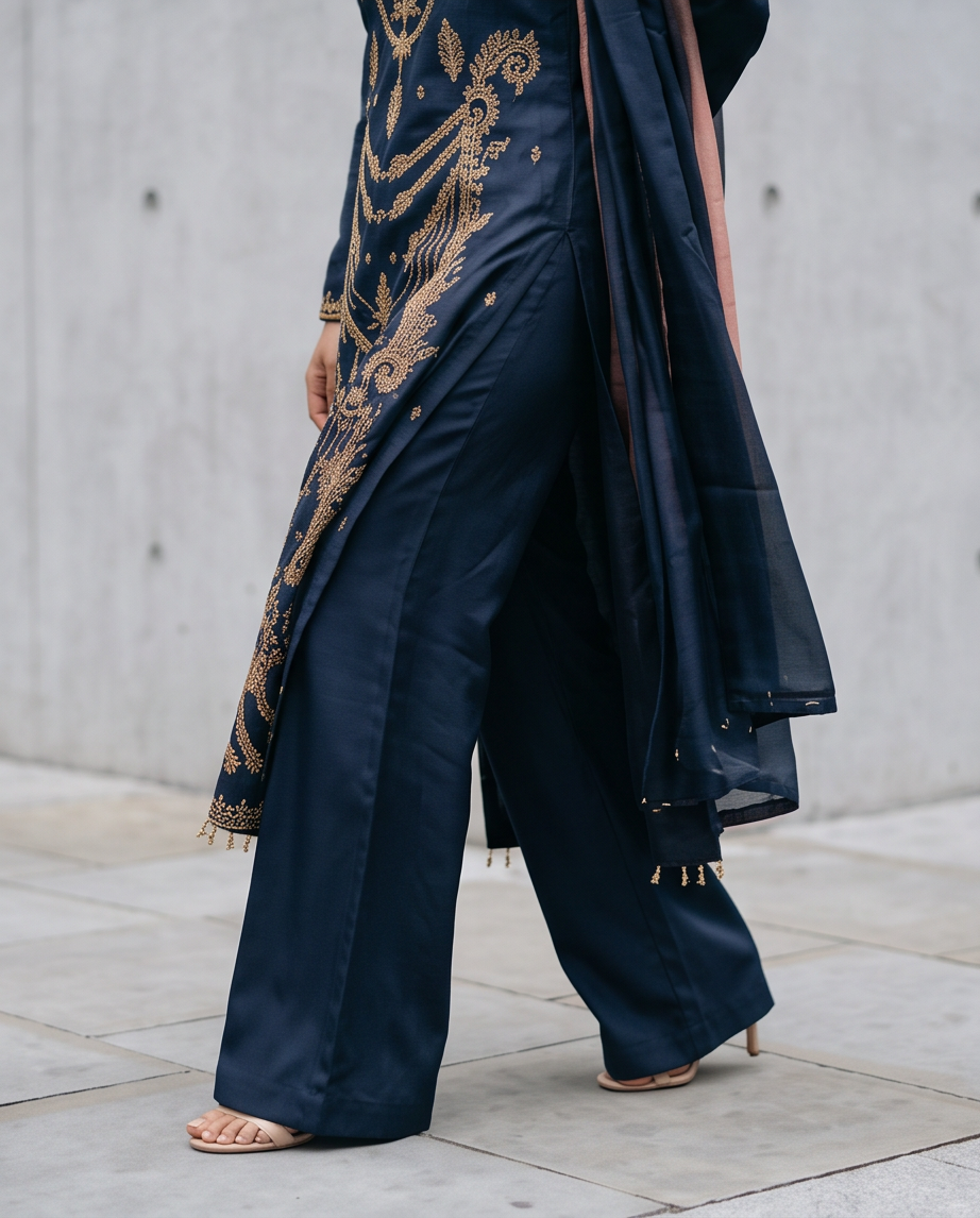 Midnight Blue Silk 3-Piece Fancy Dress with wide-leg Plazzo
