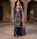 Midnight Blue Silk 3-Piece Fancy Dress with wide-leg Plazzo