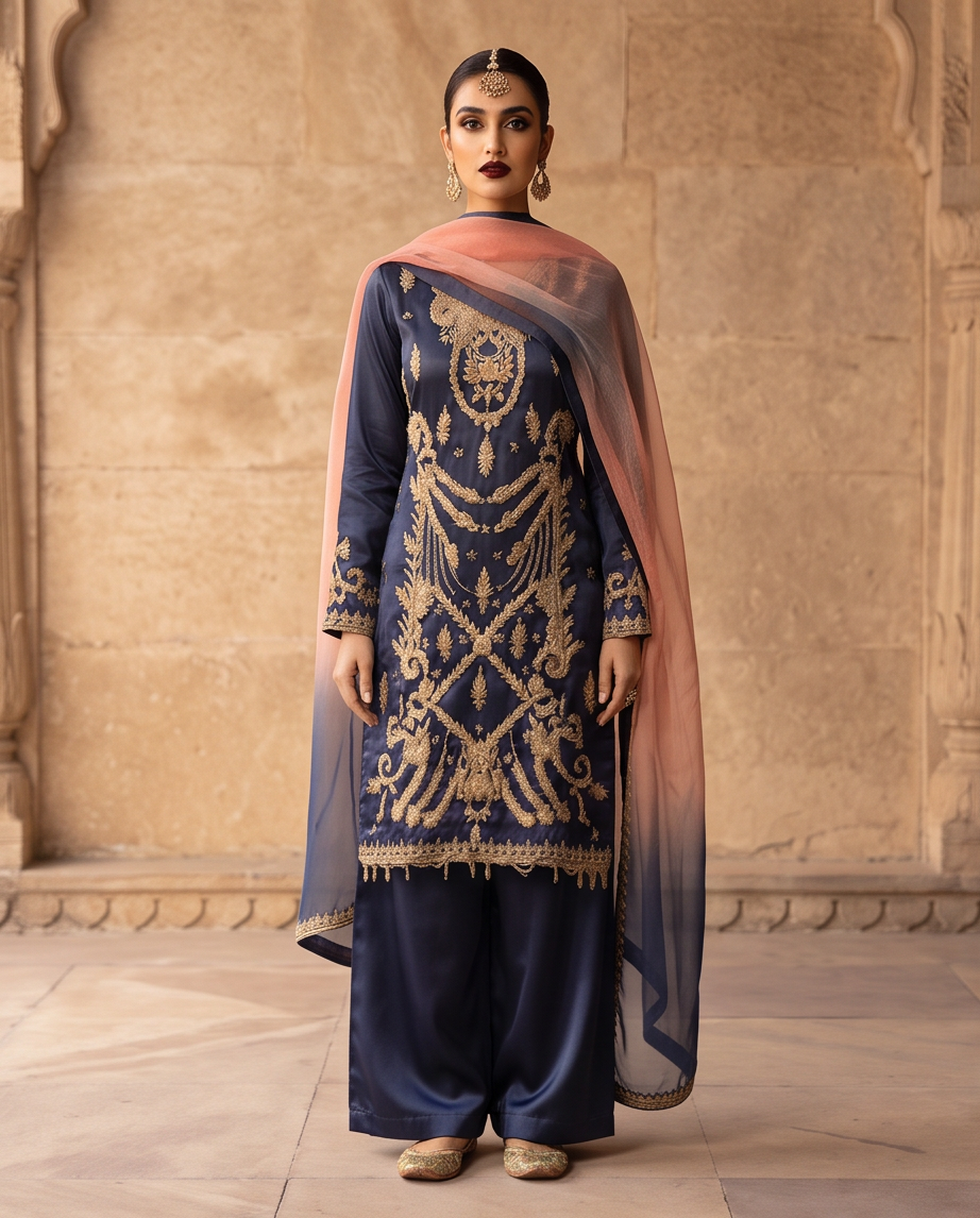 Midnight Blue Silk 3-Piece Fancy Dress with wide-leg Plazzo