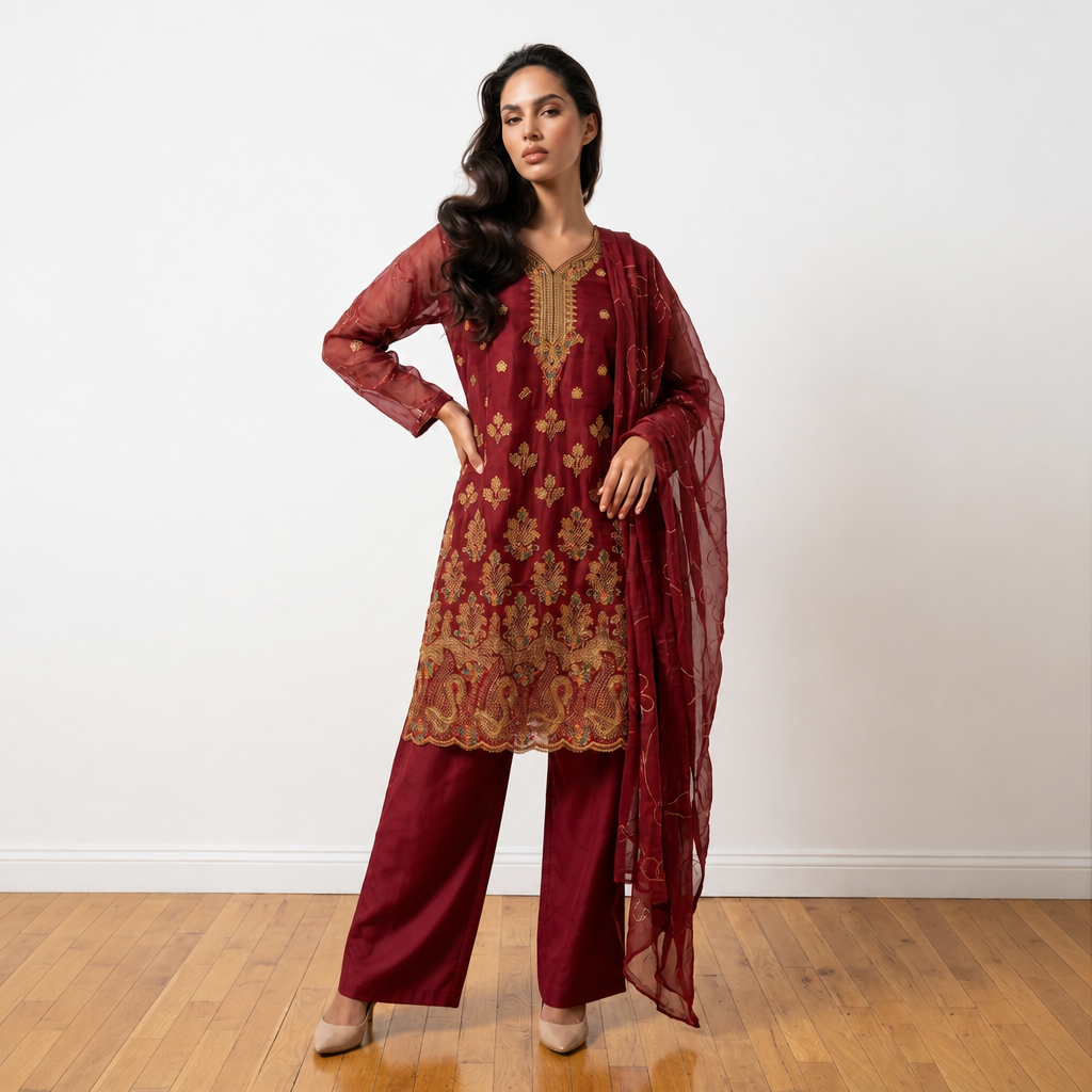 Deep Red Chiffon 3-Piece Fancy Dress with wide-leg Plazzo