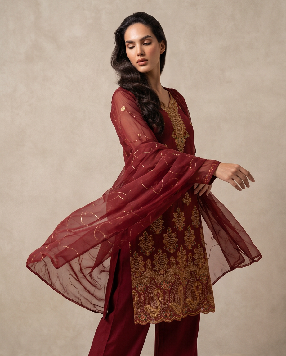 Deep Red Chiffon 3-Piece Fancy Dress with wide-leg Plazzo