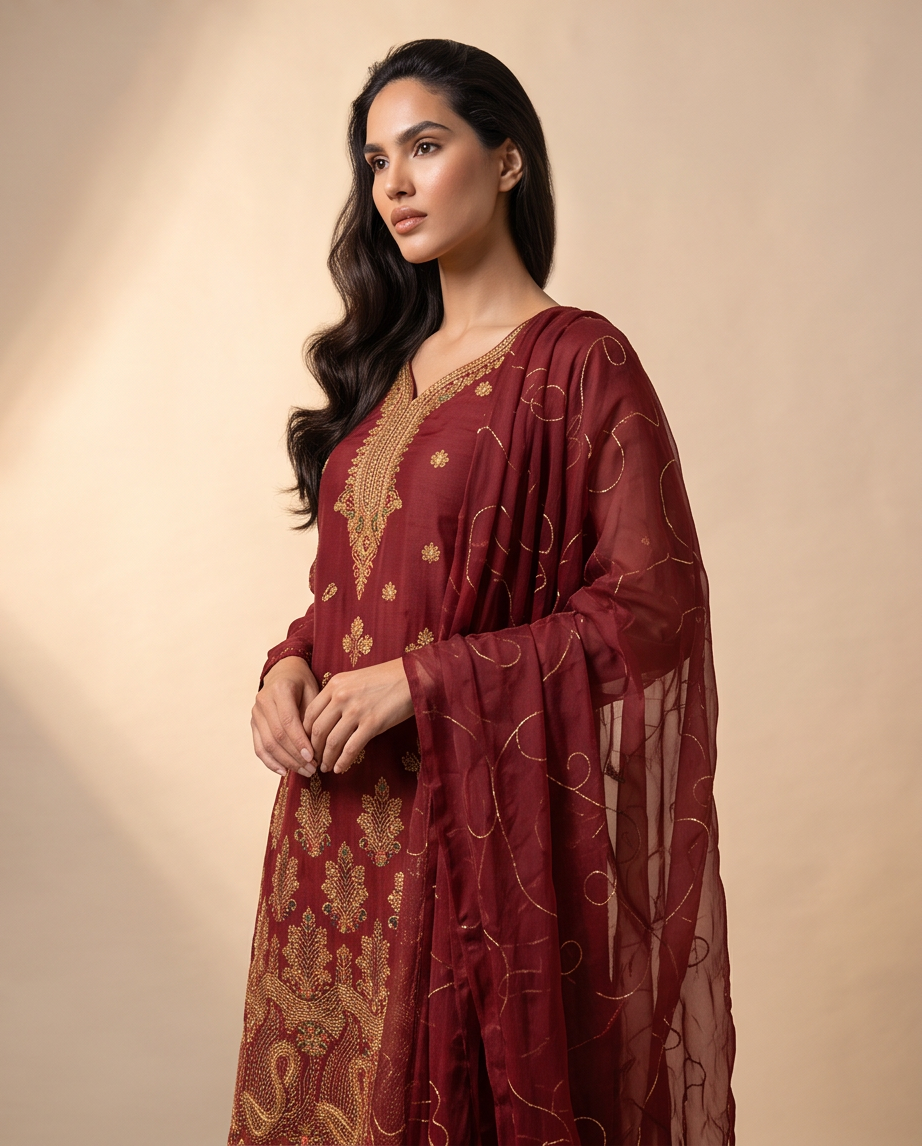 Deep Red Chiffon 3-Piece Fancy Dress with wide-leg Plazzo