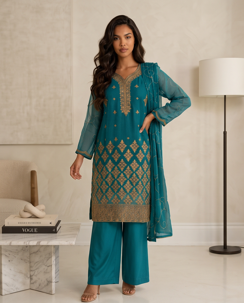 Sea Green Geometric Tila Work 3-Piece Fancy Dress in Chiffon with wide-leg Plazzo