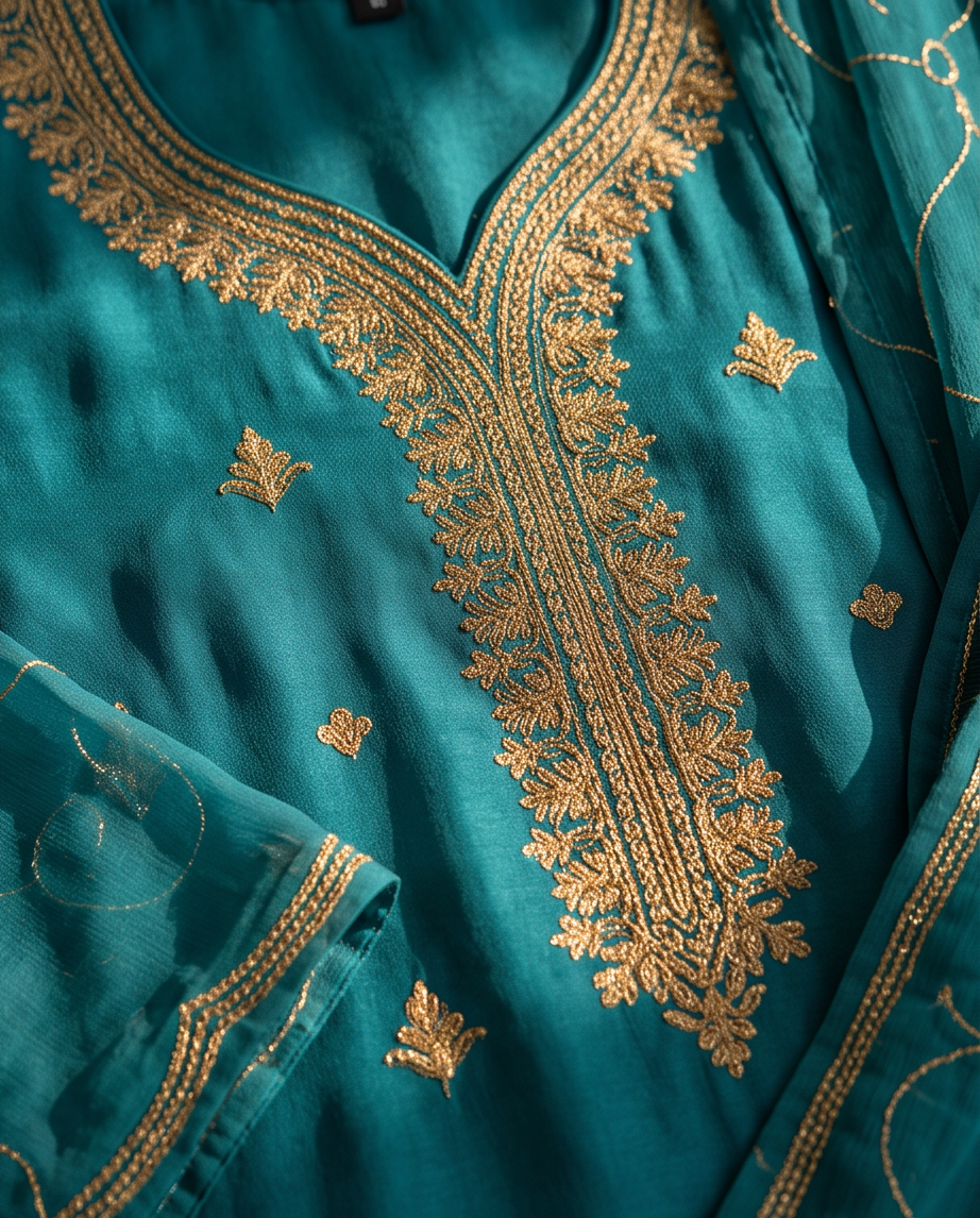 Sea Green Geometric Tila Work 3-Piece Fancy Dress in Chiffon with wide-leg Plazzo