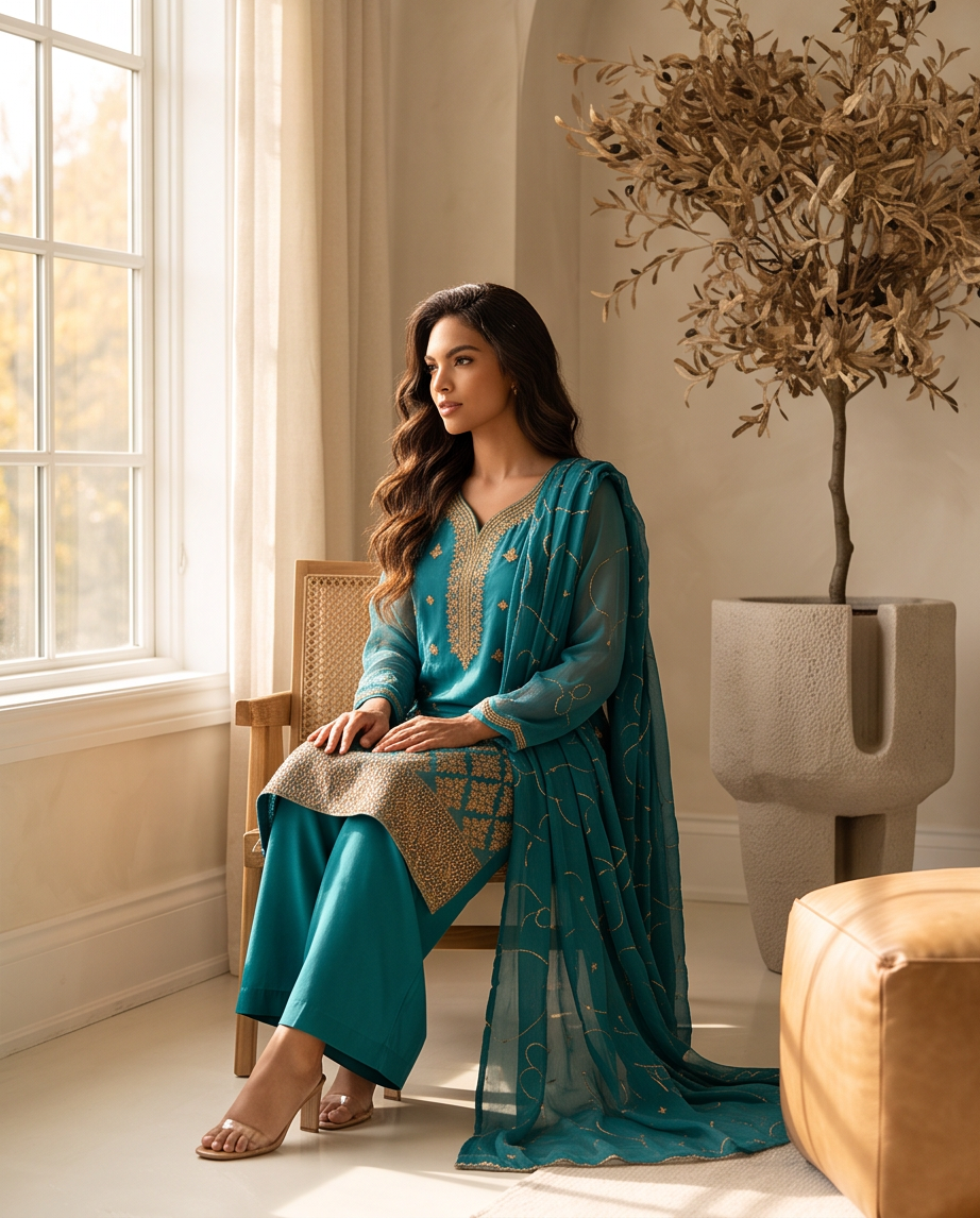 Sea Green Geometric Tila Work 3-Piece Fancy Dress in Chiffon with wide-leg Plazzo