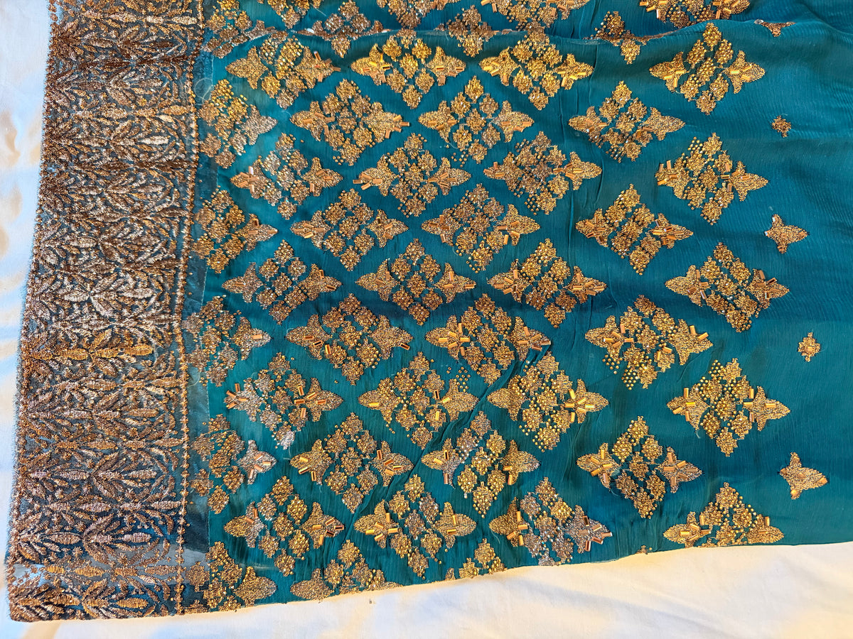 Sea Green Geometric Tila Work 3-Piece Fancy Dress in Chiffon with wide-leg Plazzo