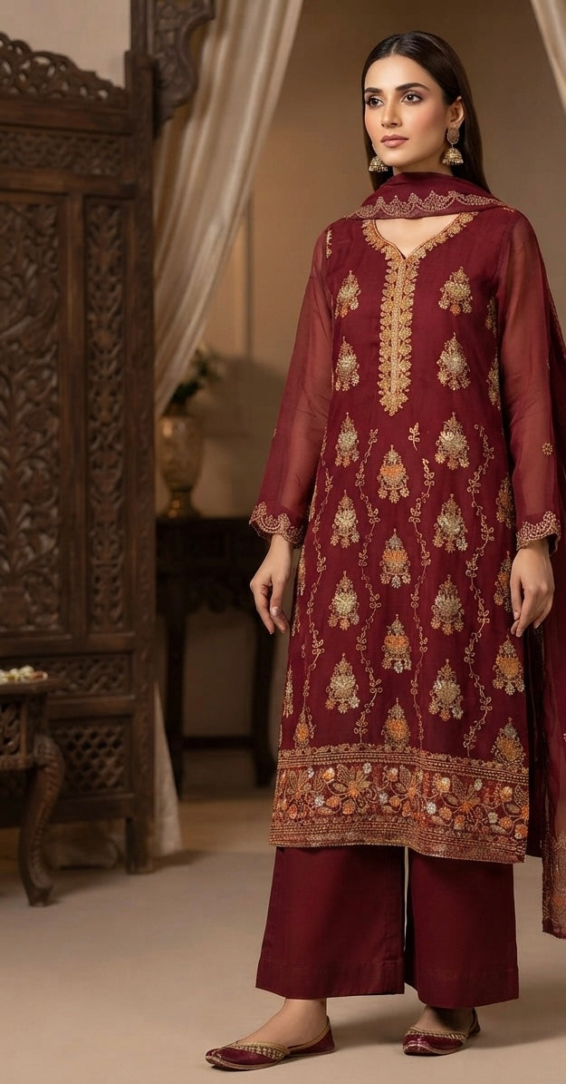 Deep Maroon Chiffon 3-Piece Dress with wide-leg Plazzo