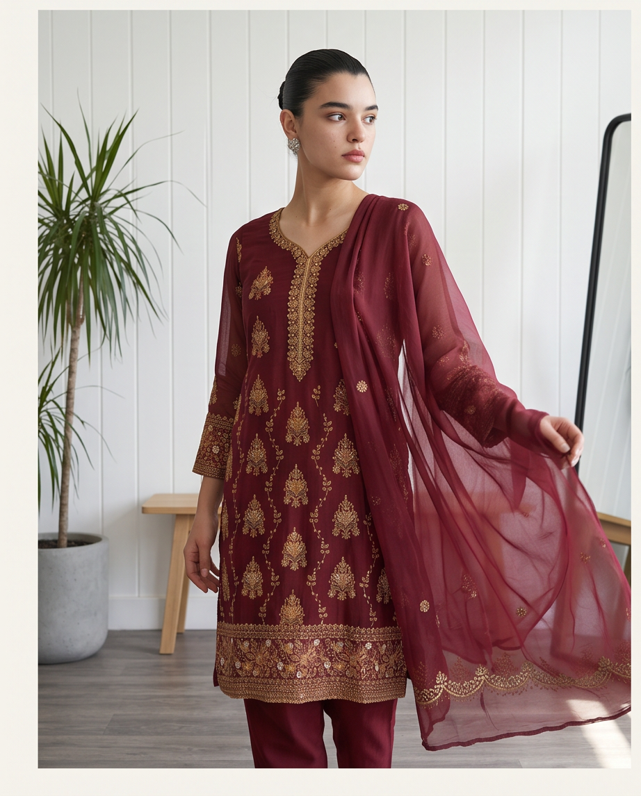 Deep Maroon Chiffon 3-Piece Dress with wide-leg Plazzo