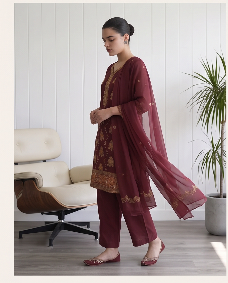 Deep Maroon Chiffon 3-Piece Dress with wide-leg Plazzo