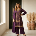 Deep Purple Silk 3-Piece Fancy Dress with wide Leg Plazzo