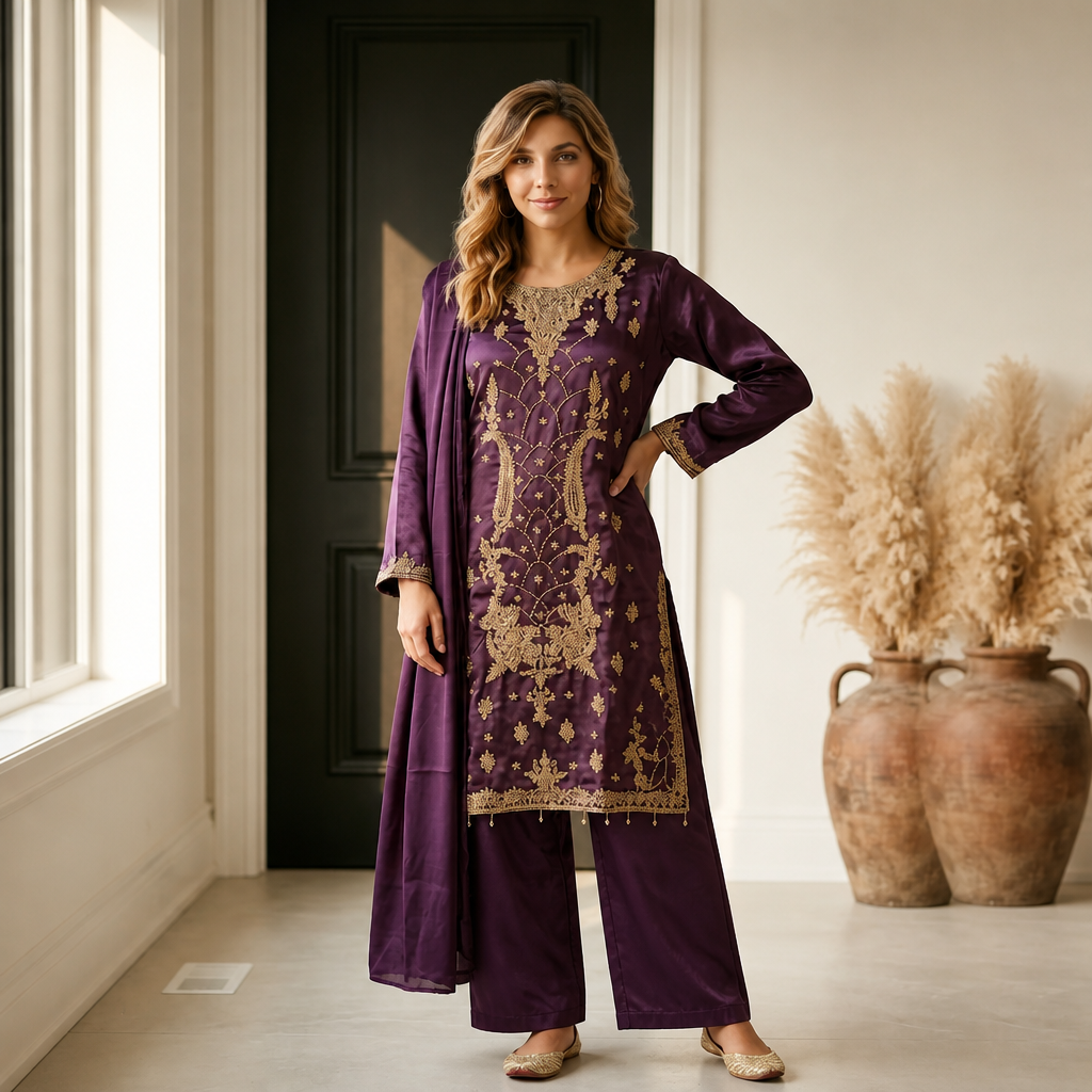 Deep Purple Silk 3-Piece Fancy Dress with wide Leg Plazzo