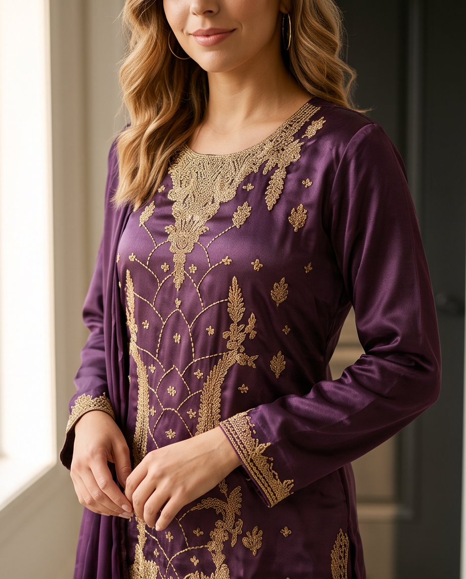 Deep Purple Silk 3-Piece Fancy Dress with wide Leg Plazzo