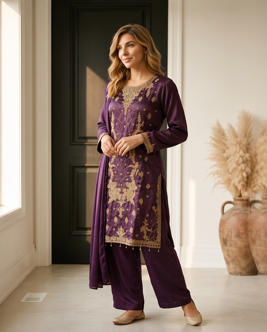 Deep Purple Silk 3-Piece Fancy Dress with wide Leg Plazzo