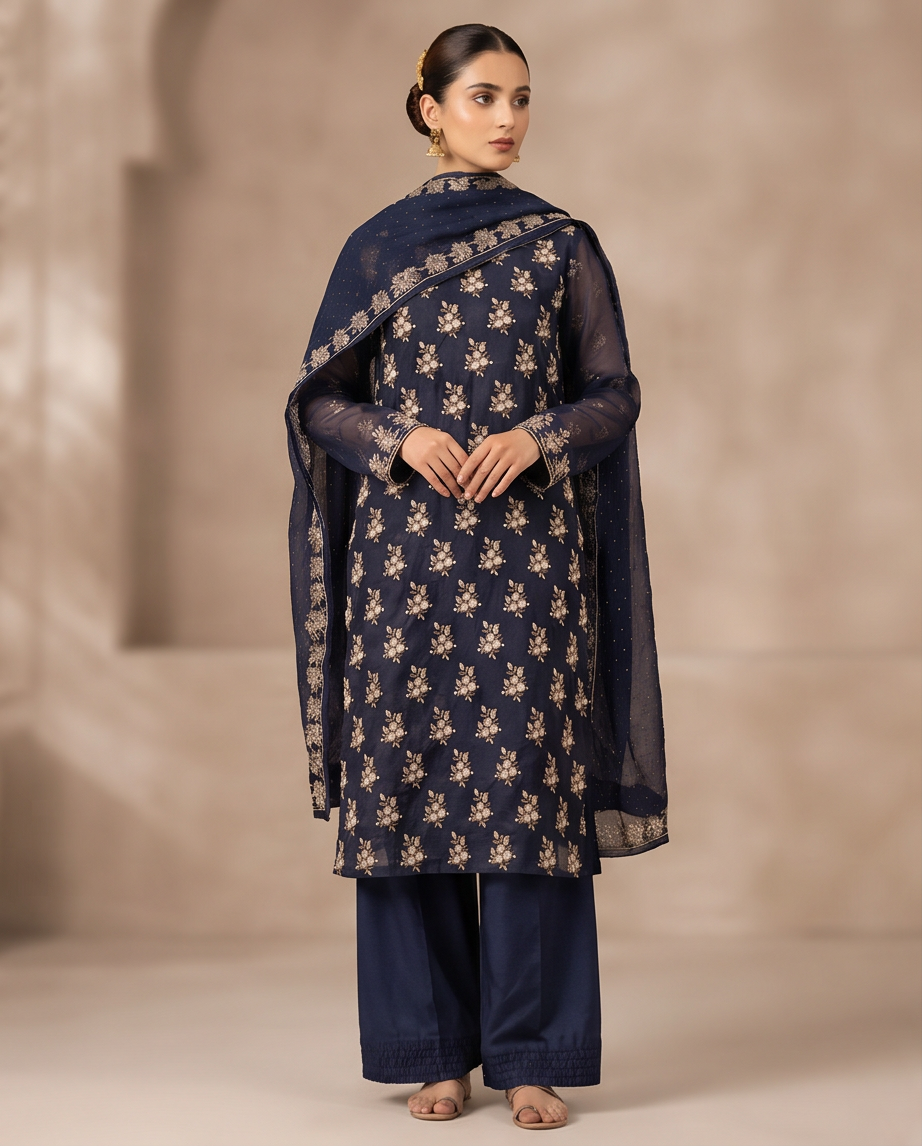 Midnight Navy Fancy 3PC Chiffon Dress with Wide-Leg Plazzo