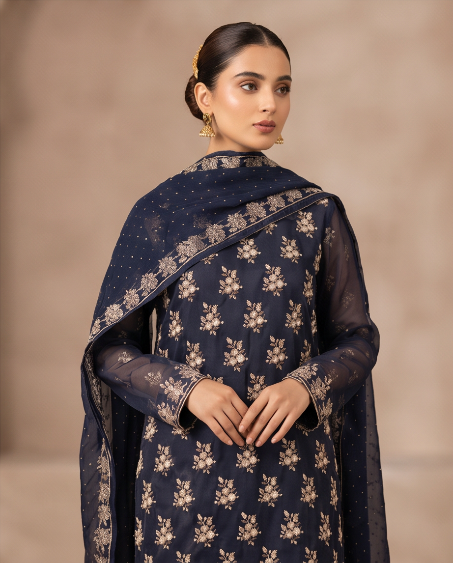 Midnight Navy Fancy 3PC Chiffon Dress with Wide-Leg Plazzo