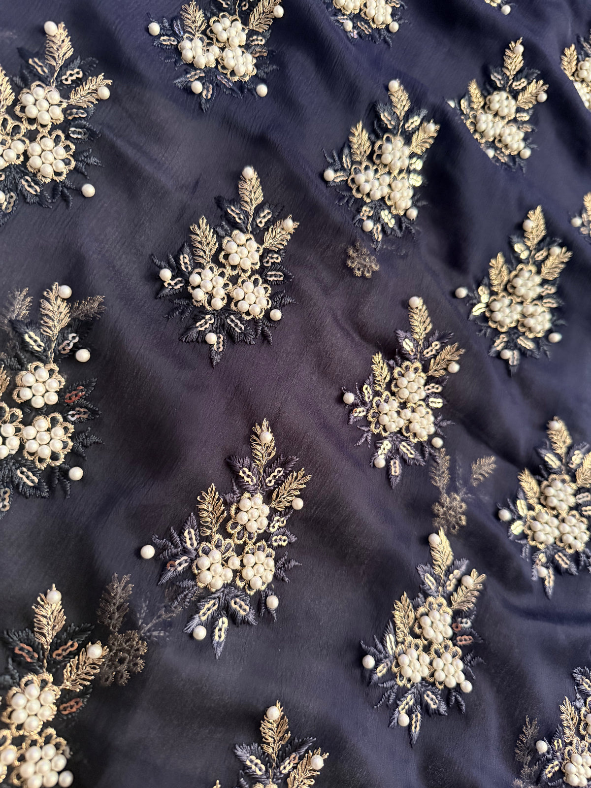 Midnight Navy Fancy 3PC Chiffon Dress with Wide-Leg Plazzo
