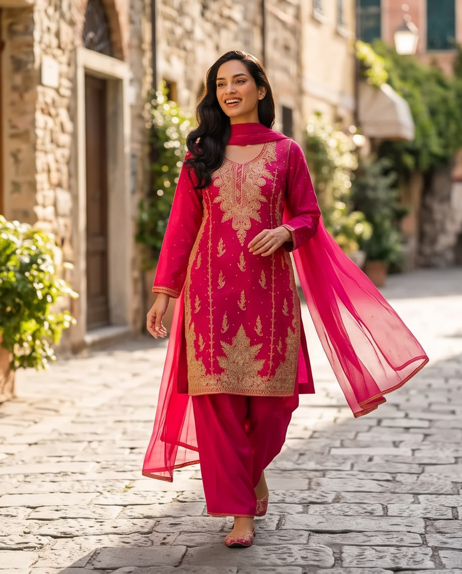 Magenta Pink Silk 3-Piece Fancy Dress