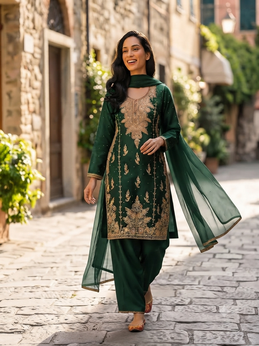 Forest Green Silk 3-Piece Fancy Dress