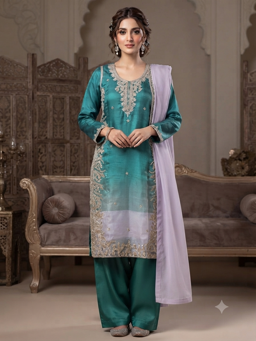 3PC Sea Green Ombre Silk - Fancy Dress - Double Shaded