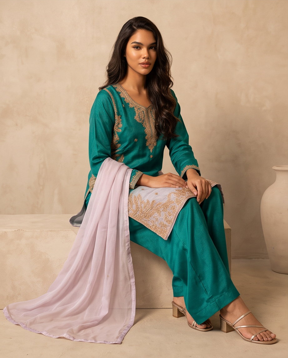 3PC Sea Green Ombre Silk - Fancy Dress - Double Shaded