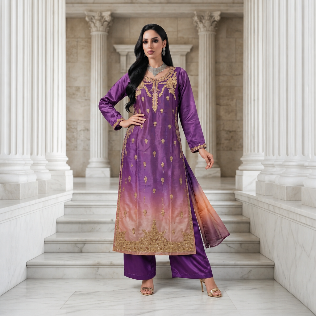 Purple & Peach Double-Shaded Silk Fancy Dress