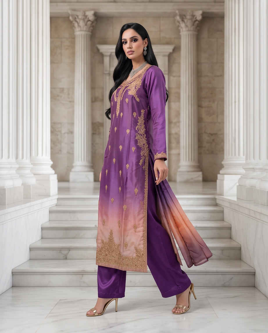 Purple & Peach Double-Shaded Silk Fancy Dress