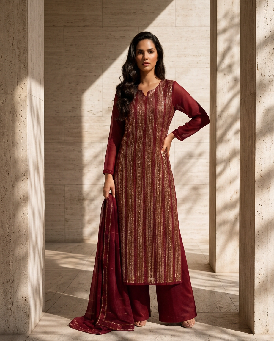 3PC Maroon Linear Sequin Work Chiffon Dress