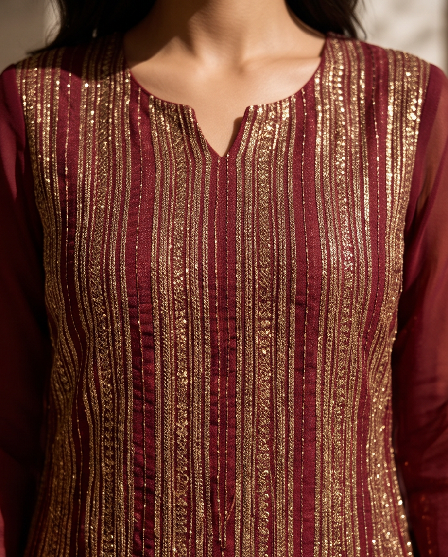 3PC Maroon Linear Sequin Work Chiffon Dress