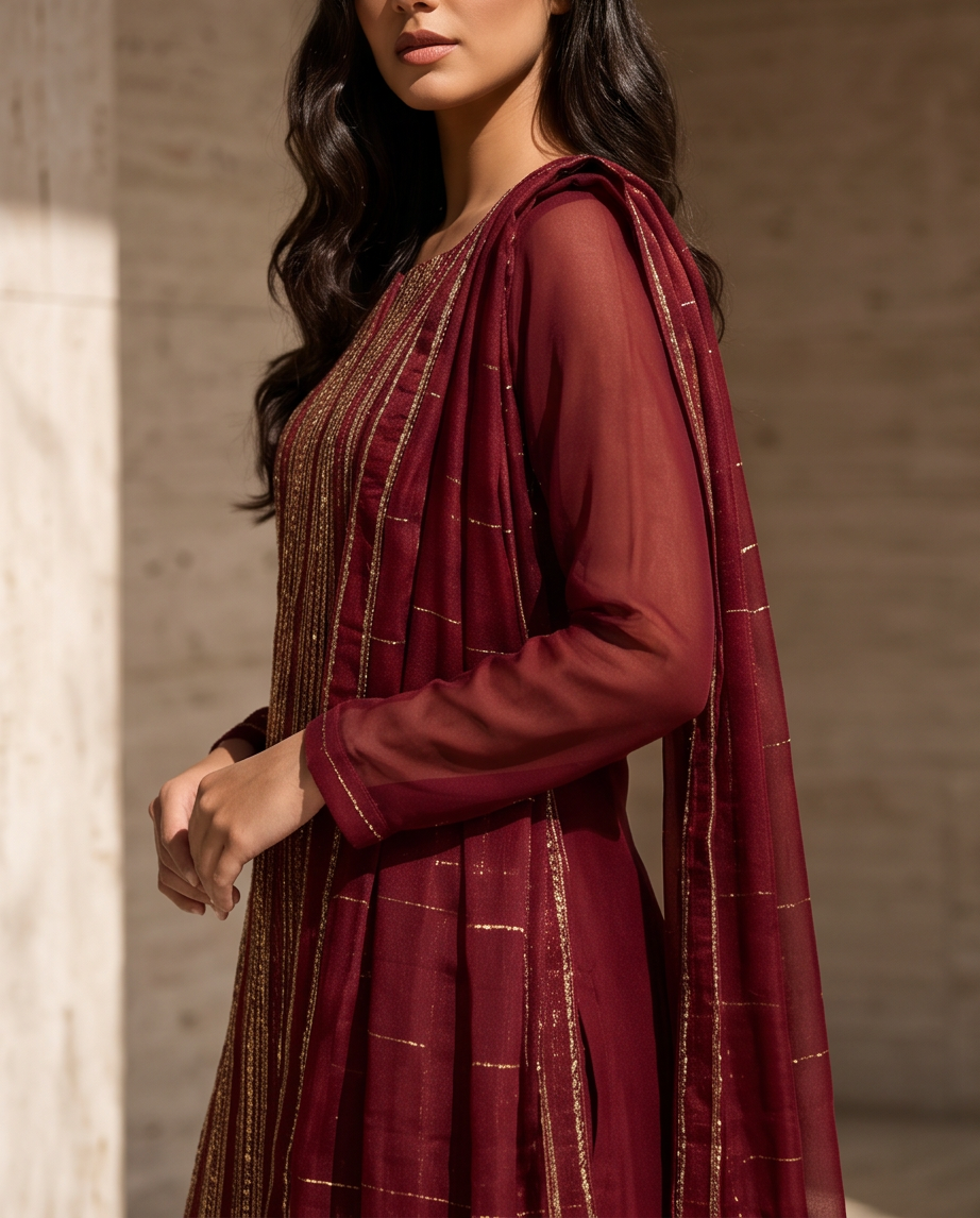 3PC Maroon Linear Sequin Work Chiffon Dress