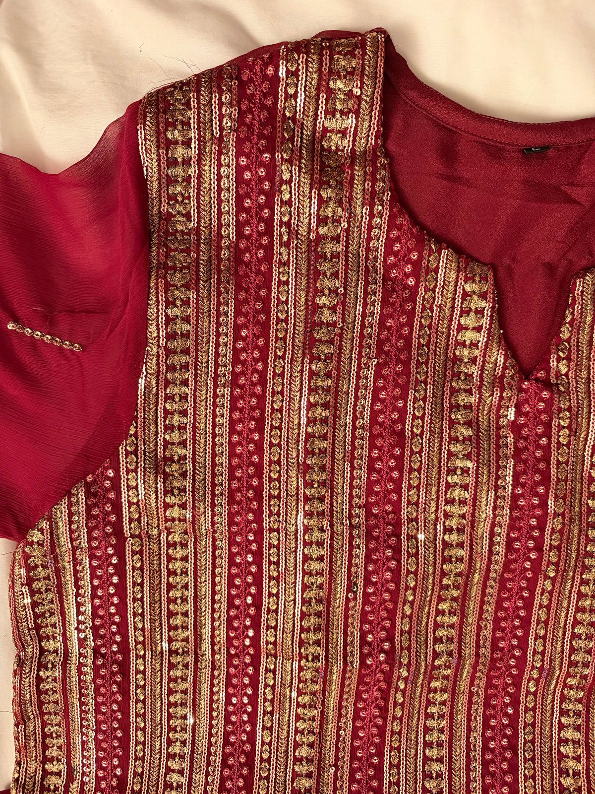 3PC Maroon Linear Sequin Work Chiffon Dress