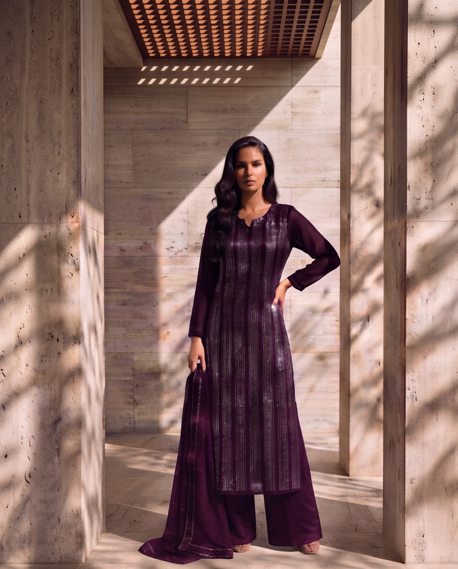 3PC Deep Purple Linear Sequin Work Chiffon Dress
