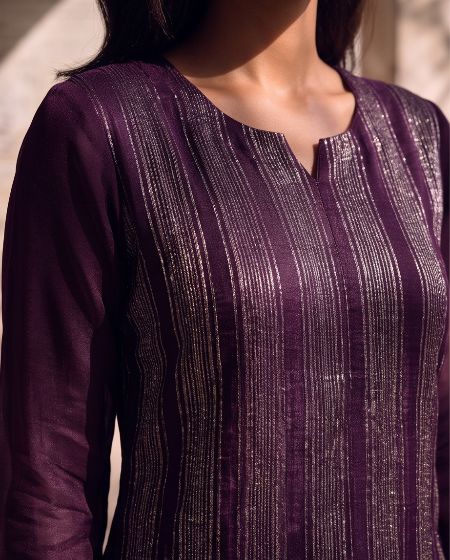 3PC Deep Purple Linear Sequin Work Chiffon Dress