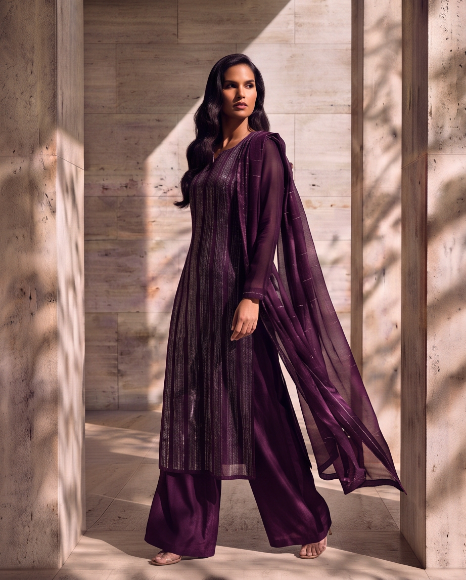 3PC Deep Purple Linear Sequin Work Chiffon Dress