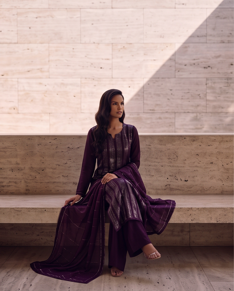 3PC Deep Purple Linear Sequin Work Chiffon Dress