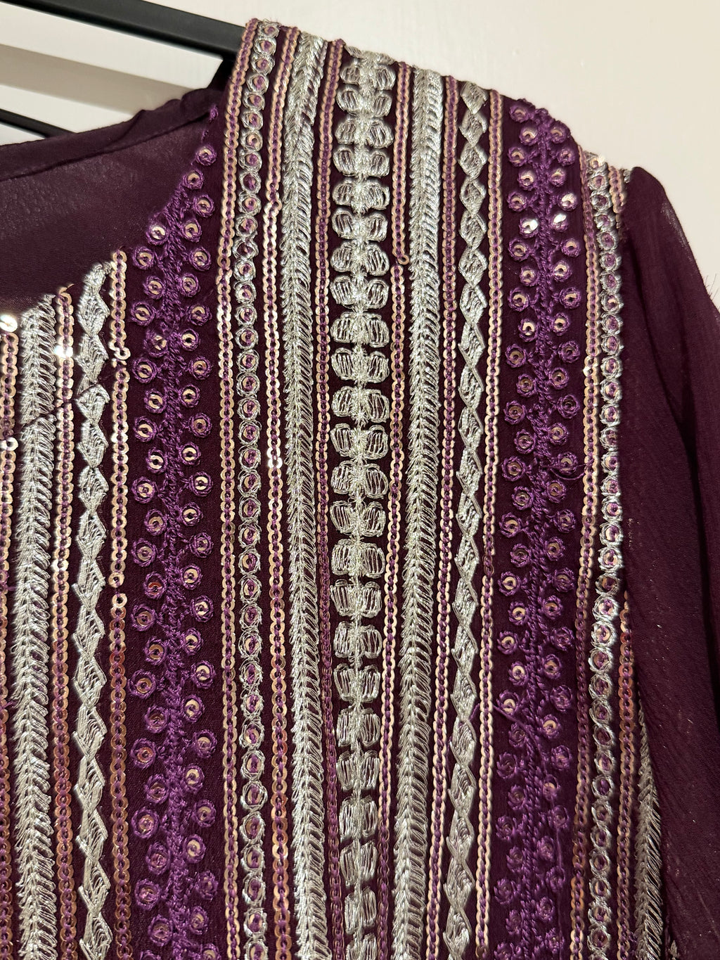 3PC Deep Purple Linear Sequin Work Chiffon Dress