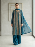 Teal Green Linear Sequin Work 3 Piece Chiffon Dress