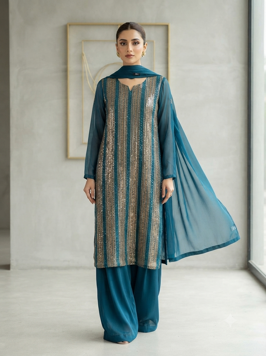 Teal Green Linear Sequin Work 3 Piece Chiffon Dress