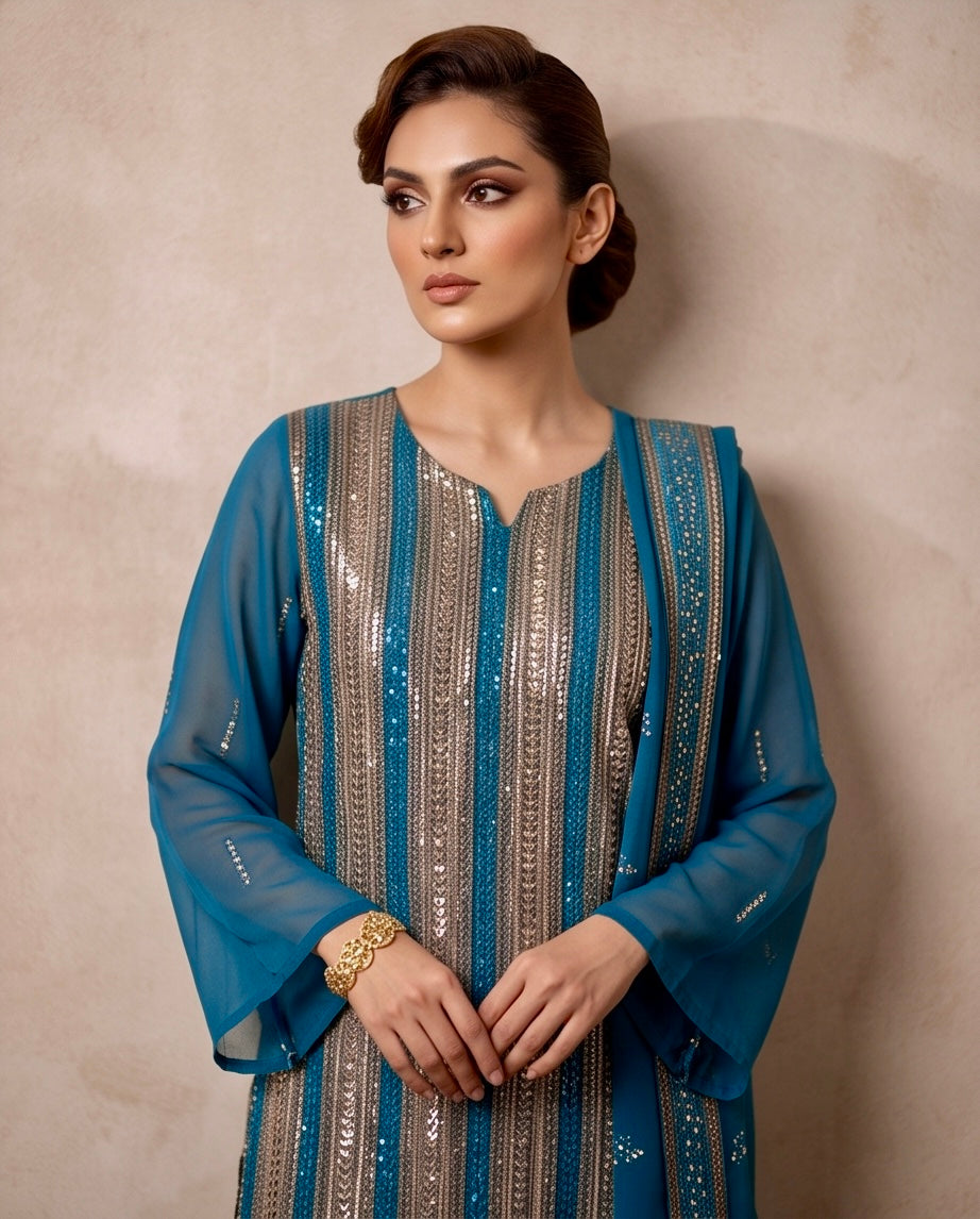 Teal Green Linear Sequin Work 3 Piece Chiffon Dress