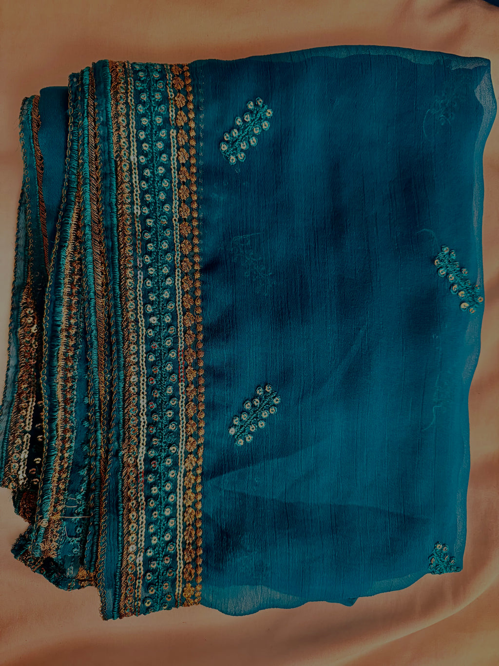 Teal Green Linear Sequin Work 3 Piece Chiffon Dress
