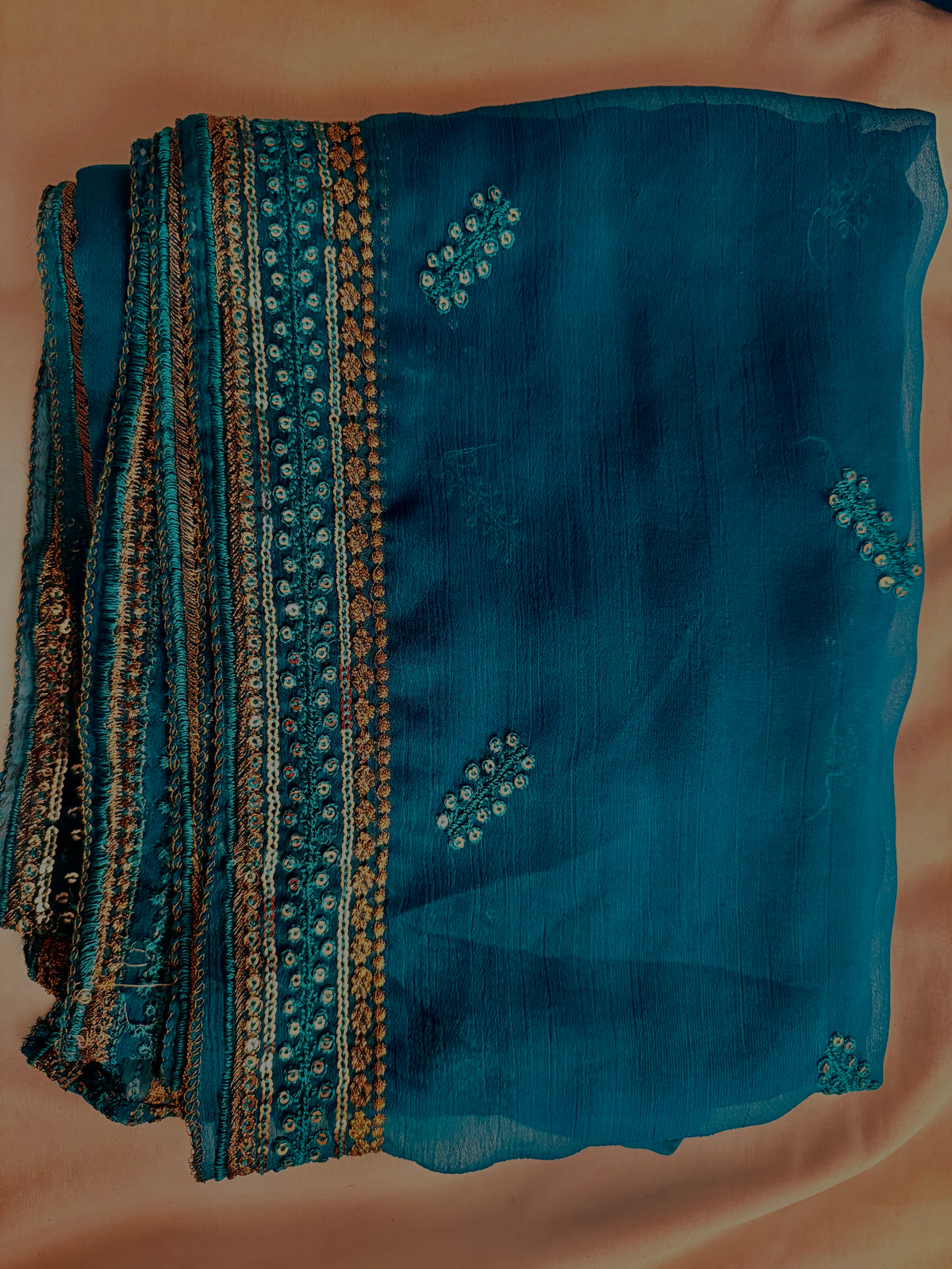 Teal Green Linear Sequin Work 3 Piece Chiffon Dress