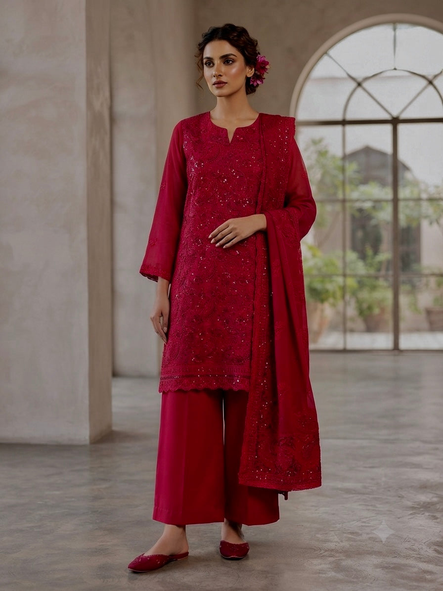 Blood Red  Embroidered 3-Piece Chiffon Dress