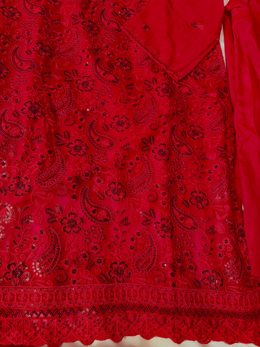 Blood Red  Embroidered 3-Piece Chiffon Dress