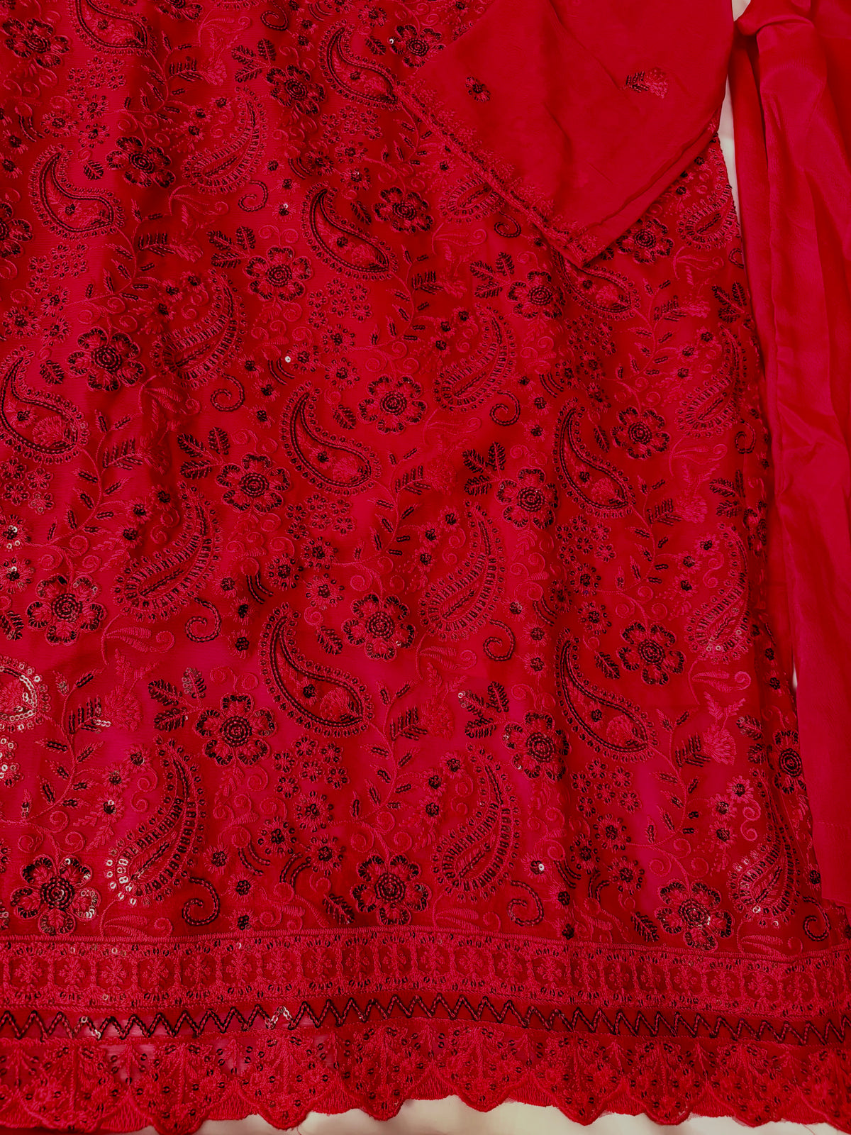 Blood Red  Embroidered 3-Piece Chiffon Dress