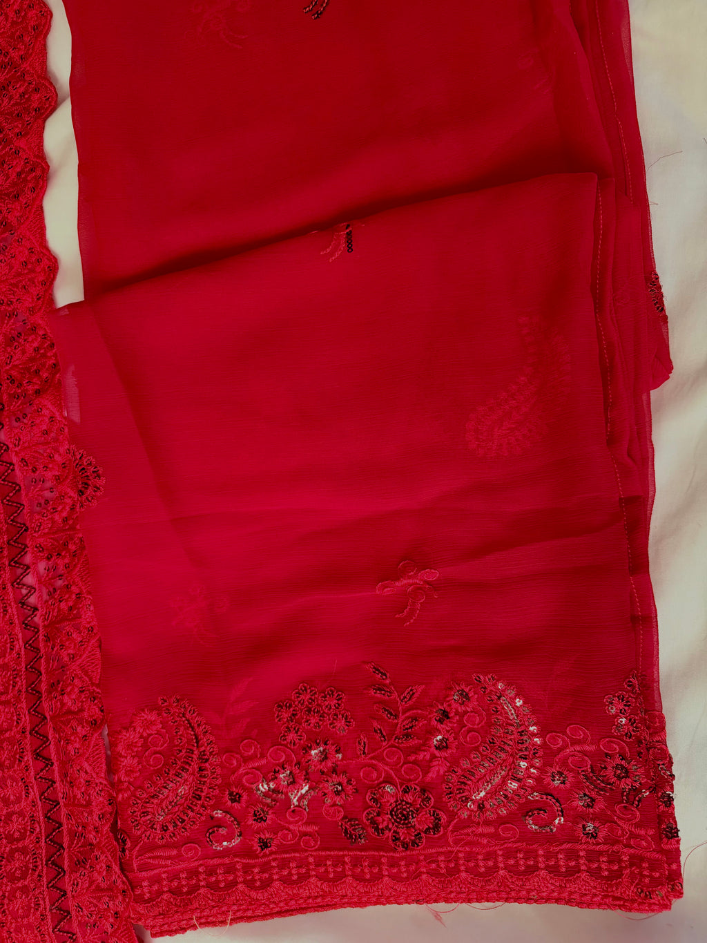 Blood Red  Embroidered 3-Piece Chiffon Dress