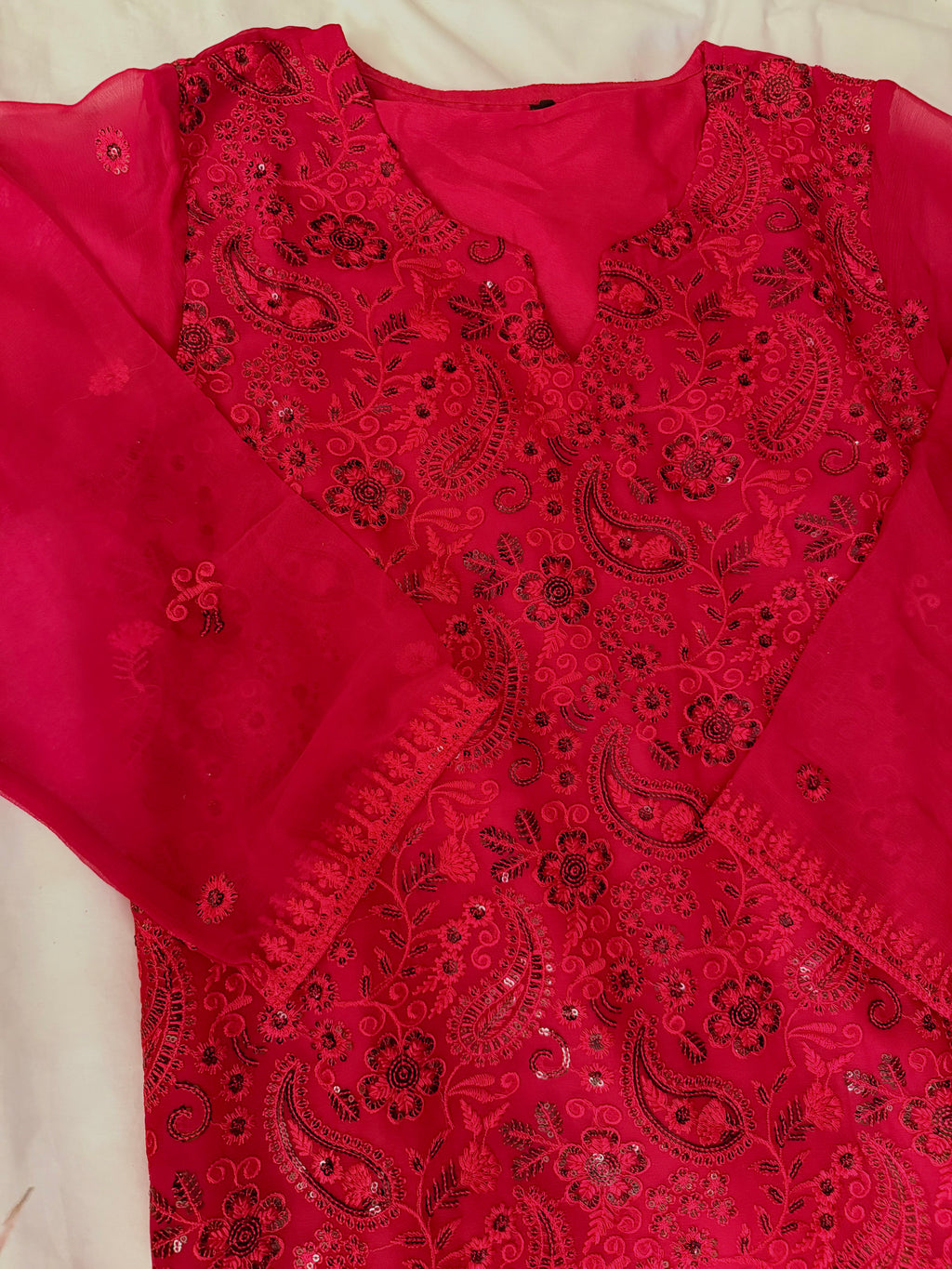 Blood Red  Embroidered 3-Piece Chiffon Dress