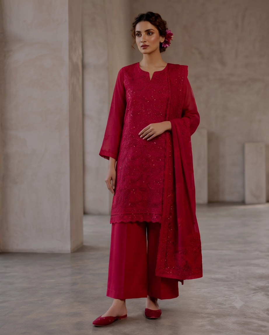 Blood Red  Embroidered 3-Piece Chiffon Dress