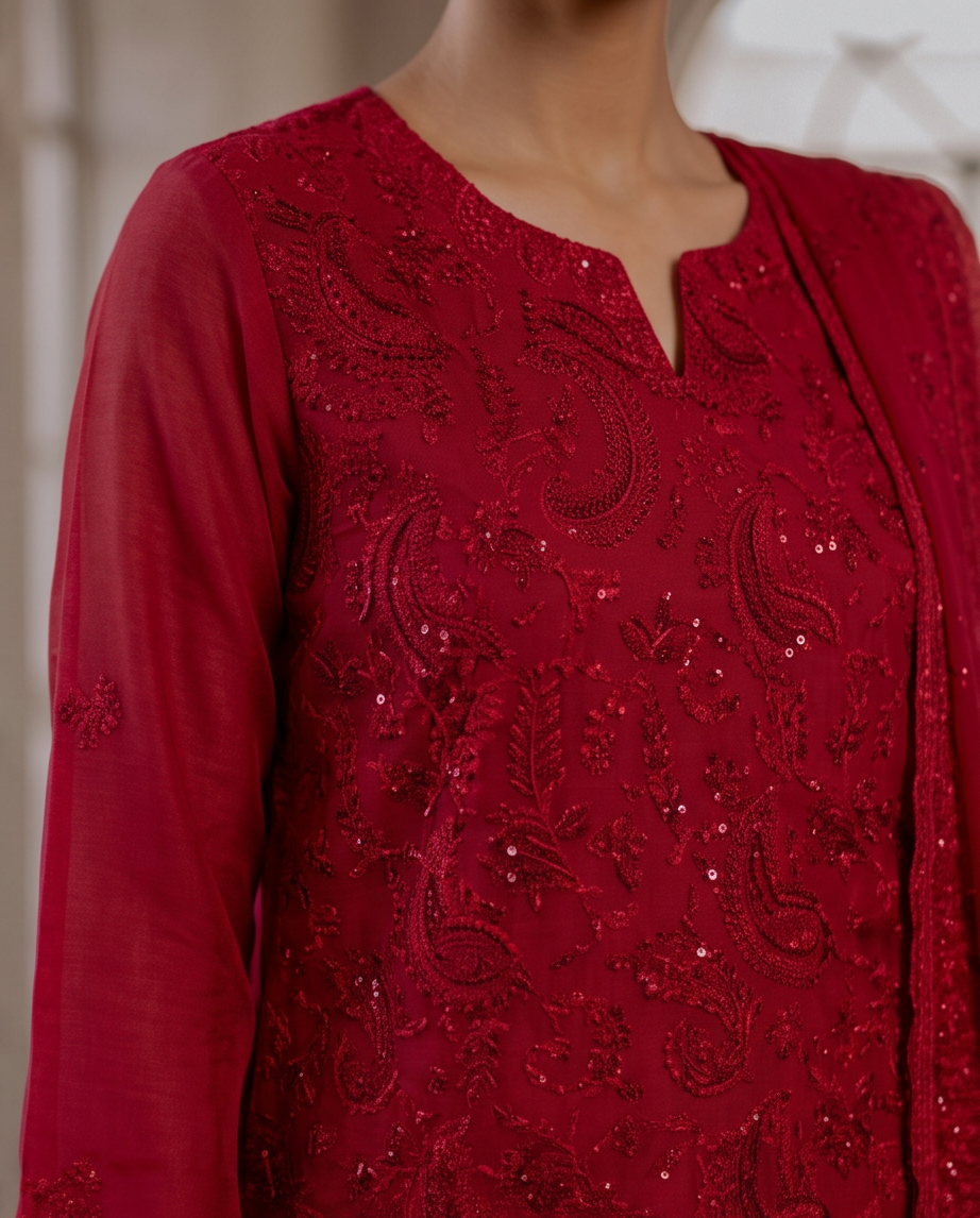 Blood Red  Embroidered 3-Piece Chiffon Dress