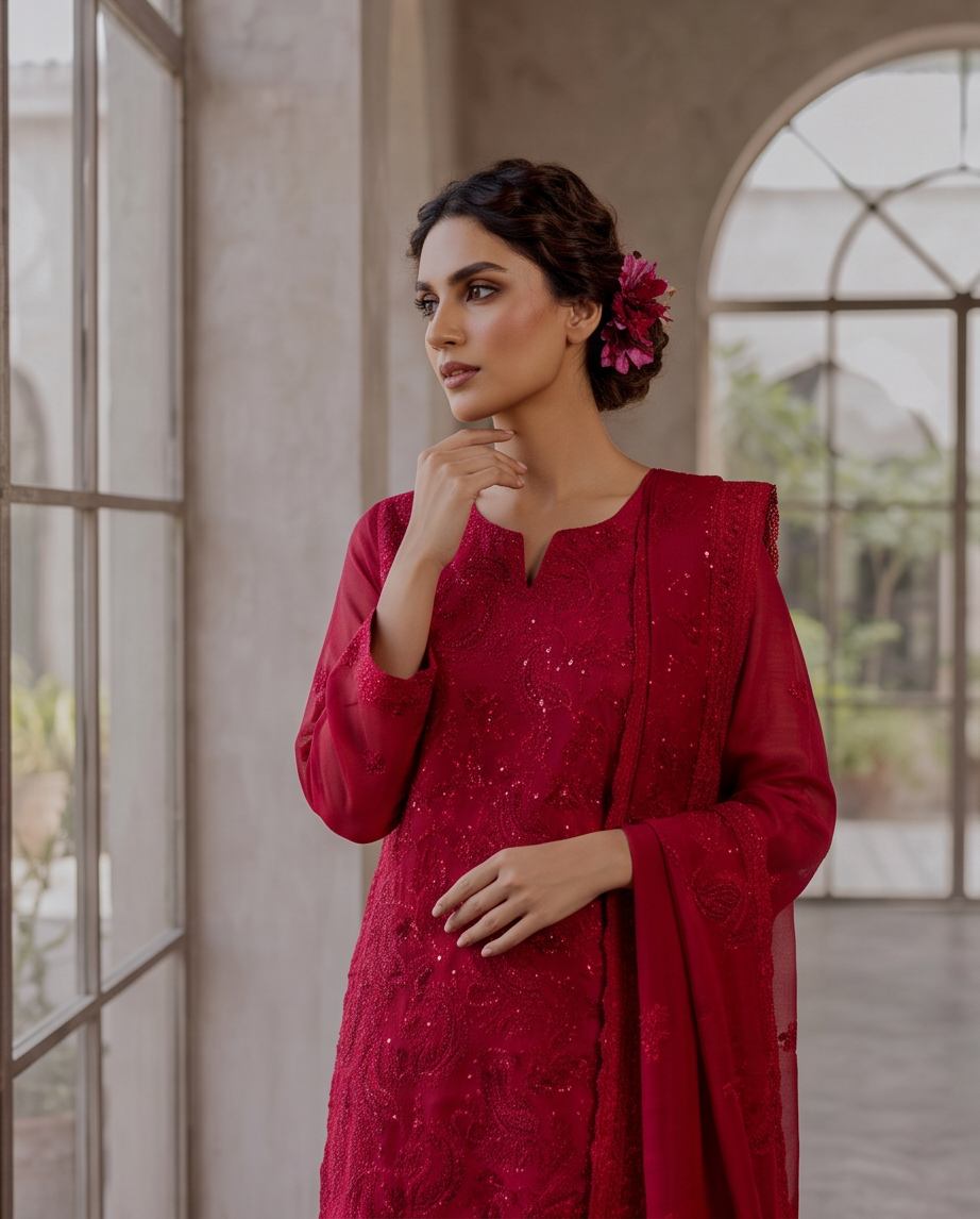 Blood Red  Embroidered 3-Piece Chiffon Dress